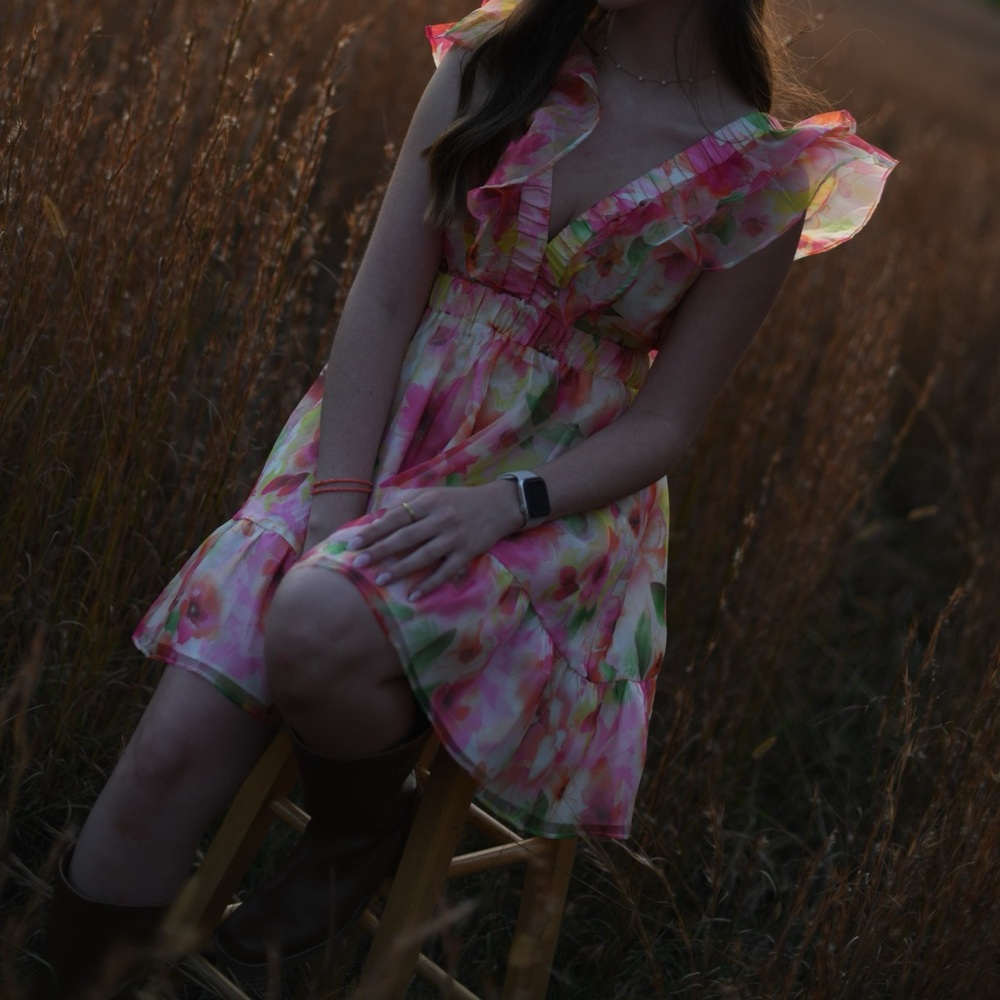 Mustard Seed Pink and Green Ruffle Mini Dress